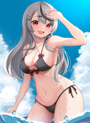Rule 34 | 1girl, 9696k, absurdres, bare shoulders, bikini, black hair, blush, breasts, cleavage, fang, grey hair, hair ornament, highres, hololive, large breasts, long hair, looking at viewer, multicolored hair, navel, open mouth, red eyes, sakamata chloe, side-tie bikini bottom, smile, solo, streaked hair, swimsuit, virtual youtuber, x hair ornament