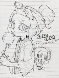 Rule 34 | 1girl, :p, bandana, blush, candy, candy apple, chibi, chibi inset, commentary request, food, furrowed brow, graphite (medium), haori, headphones, highres, holding, holding candy, holding food, japanese clothes, looking to the side, monochrome, nintendo, octoling, octoling girl, octoling player character, ponytail, shirt, short sleeves, sidelocks, solo, splatoon (series), suuuuk z0, tentacle hair, thick eyebrows, tongue, tongue out, traditional media, wide sleeves