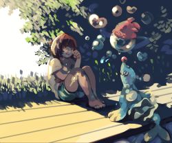 Rule 34 | 1girl, :d, bare arms, bare legs, barefoot, beanie, black hair, blue eyes, blush, boardwalk, bob cut, brionne, bubble, creatures (company), crying, crying with eyes open, feet, game freak, gen 7 pokemon, grass, green shorts, hat, heart, heart bubbles, leaf, legs together, mayo cha, nintendo, no shoes, open mouth, pink pupils, poke ball theme, pokemon, pokemon (creature), pokemon sm, red hat, sea lion, selene (pokemon), shirt, short hair, short sleeves, shorts, sitting, smile, tears, toes, tongue, tree, unworn hat, unworn headwear, wiping tears, yellow shirt