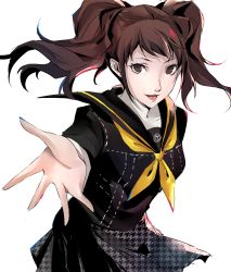 Rule 34 | 1girl, black shirt, brown eyes, brown hair, commentary, cowboy shot, earrings, grey skirt, highres, jewelry, kujikawa rise, long hair, looking at viewer, open hand, open mouth, outstretched hand, persona, persona 4, pertex 777, pleated skirt, print skirt, school uniform, serafuku, shirt, sidelocks, simple background, skirt, solo, symbol-only commentary, turtleneck, twintails, white background, yasogami school uniform, yellow neckwear