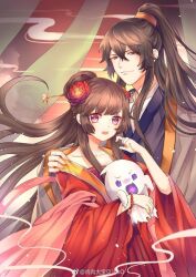 Rule 34 | 1boy, 1girl, black hair, blush, brown hair, chinese clothes, closed mouth, donghua, ghost, hand up, hug, husband and wife, japanese clothes, kimono, long hair, looking at viewer, official art, open mouth, pink eyes, psychic princess, purple eyes, purple kimono, qian yun xi, shirt, smile, tong ling fei, very long hair, white shirt, ye youming