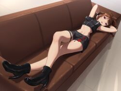 Rule 34 | 1girl, ahoge, ankle boots, armpits, arms behind head, arms up, bare arms, black footwear, black shirt, black skirt, blush, boots, breasts, brown hair, chain, couch, crop top, crossed legs, drill hair, foreshortening, full body, high heel boots, high heels, idolmaster, idolmaster million live!, idolmaster million live! theater days, jus-2-mint, kamille (vcx68), long hair, looking at viewer, lying, medium breasts, midriff, miniskirt, navel, on back, on couch, parted lips, purple eyes, shirt, side drill, side ponytail, skirt, sleeveless, sleeveless shirt, smile, solo, stomach, thigh strap, yokoyama nao
