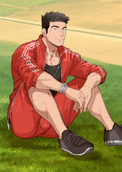 Rule 34 | 1boy, bara, black footwear, black hair, black tank top, closed mouth, day, ero condo, facial hair, grass, highres, jacket, jewelry, kienbiu, leg hair, male focus, muscular, muscular male, necklace, nguyen hoan (ero condo), official art, on grass, on ground, open clothes, open jacket, outdoors, red jacket, red shorts, shoes, short hair, shorts, sitting, sleeves rolled up, smile, sneakers, solo, tank top, watch, wristwatch