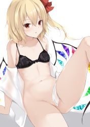 Rule 34 | 1girl, bare shoulders, black bra, blonde hair, blouse, blush, bottomless, bra, breasts, collarbone, crystal, feet out of frame, flandre scarlet, groin, hair between eyes, highres, kashiwagi yamine, knee up, leg up, looking at viewer, navel, no headwear, off shoulder, open clothes, open shirt, parted lips, red eyes, red ribbon, ribbon, shirt, small breasts, solo, stomach, thighs, touhou, underwear, white background, white shirt, wings