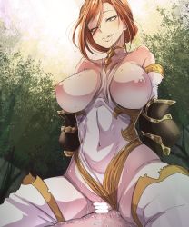 Rule 34 | 1boy, 1girl, absurdres, armor, assertive female, bakuya, bar censor, bare shoulders, black armor, black knight (granblue fantasy), blue eyes, branch, breasts, breasts out, brown hair, censored, clothed female nude male, clothed sex, clothing aside, commentary request, covered navel, cowgirl position, day, drooling, eyebrows, eyelashes, femdom, functionally nude, girl on top, granblue fantasy, hair between eyes, half-closed eyes, happy sex, hetero, highres, large breasts, leaf, leotard, leotard aside, licking lips, light brown hair, lips, nature, naughty face, navel, nipples, nude, outdoors, penis, pussy, pussy juice, saliva, sex, shiny skin, short hair, solo focus, spread legs, straddling, sweat, thighhighs, thighs, tongue, tongue out, tree, vaginal, white thighhighs
