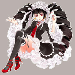 Rule 34 | 10s, 1girl, bad id, bad pixiv id, black hair, black thighhighs, bloomers, bonnet, card, celestia ludenberg, clubs, danganronpa: trigger happy havoc, danganronpa (series), diamond (shape), drill hair, earrings, gothic lolita, grey background, heart, high heels, highres, jewelry, littlebird-idel, lolita fashion, long hair, mary janes, necktie, playing card, red eyes, shoes, smile, solo, spade, thighhighs, twin drills, twintails, underwear, weapon