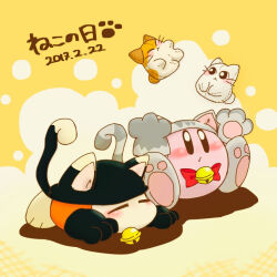 Rule 34 | animal costume, animal ears, animal hands, arms up, bell, black gloves, blush, bow, bowtie, cat costume, cat day, cat ears, cat tail, character doll, closed eyes, closed mouth, commentary request, dated, gloves, grey gloves, jingle bell, kirby, kirby (series), lying, nago (kirby), nintendo, no humans, on stomach, paw gloves, pawpads, red bow, red bowtie, satojoyu, shadow, shiro (kirby), simple background, sitting, sleeping, stuffed toy, tail, translation request, waddle dee, yellow background