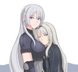 Rule 34 | 2girls, ak-15 (girls&#039; frontline), an-94 (girls&#039; frontline), blush, braid, breast pillow, breasts, commentary, elbow pads, girls&#039; frontline, green eyes, head on chest, large breasts, long hair, looking away, multiple girls, platinum blonde hair, purple eyes, selby, silver hair, simple background, tsurime