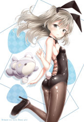 Rule 34 | 10s, 1girl, alternate costume, animal ears, argyle, ass, back, bandages, bare shoulders, black bow, black bowtie, black footwear, black leotard, black pantyhose, blush, bow, bowtie, closed mouth, cross-laced clothes, fake animal ears, floating hair, from side, girls und panzer, grey eyes, hair between eyes, hair bow, hairband, high heels, highres, jumping, leg up, leotard, light frown, long hair, looking at viewer, pantyhose, playboy bunny, rabbit ears, rabbit tail, shimada arisu, shoes, silver hair, solo, strapless, strapless leotard, stuffed animal, stuffed toy, tail, teddy bear, two side up, yuuki suzu (suzuk yuki)
