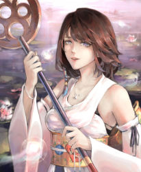 Rule 34 | 1girl, :d, absurdres, beads, black bra, blue eyes, bra, bra strap, bracelet, breasts, brown hair, chiaokelate, commentary, detached sleeves, final fantasy, final fantasy x, floral print, flower, highres, holding, holding staff, japanese clothes, jewelry, kimono, lily pad, looking at viewer, lotus, medium breasts, medium hair, necklace, open mouth, orb, outdoors, ribbon trim, sash, smile, solo, staff, teeth, underwear, upper body, upper teeth only, water, wide sleeves, yellow sash, yuna, | |