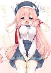 Rule 34 | 1girl, absurdres, animal ear fluff, animal ears, azur lane, backpack, bag, beret, between legs, blue bow, blue bowtie, blue eyes, blue hat, blue skirt, blush, bow, bowtie, breasts, breath, collared shirt, cowboy shot, drooling, ear ribbon, embarrassed, female focus, gradient background, hair flaps, hair ribbon, half-closed eyes, hand between legs, hat, have to pee, highres, i-25 (azur lane), japanese text, kinomiki nobori, long hair, looking at viewer, low-tied long hair, medium breasts, miniskirt, mouth drool, nose blush, open mouth, own hands together, pee, peeing, peeing self, plaid, plaid skirt, pom pom (clothes), rabbit ears, rabbit girl, raised eyebrows, randoseru, red ribbon, ribbon, shirt, shirt tucked in, sidelocks, simple background, skindentation, skirt, solo, speech bubble, spoken blush, standing, steam, sweat, tears, thighhighs, thighs, translation request, trembling, v arms, very long hair, wet, wet clothes, white background, white ribbon, white shirt, white thighhighs, zettai ryouiki