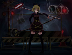 Rule 34 | 1girl, black thighhighs, blonde hair, chain-link fence, contemporary, dark, female focus, fence, hair ribbon, highres, iny, kurodani yamame, looking at viewer, miniskirt, open mouth, railroad crossing, ribbon, road sign, roadblock, short hair, sign, silk, skirt, smile, solo, spider web, thighhighs, touhou, traffic cone, traffic light, tunnel, yellow eyes, zettai ryouiki