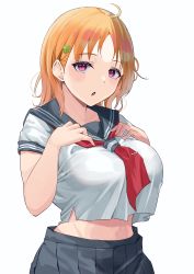 Rule 34 | 1girl, alternate breast size, breasts, clover (flower), clover hair ornament, curvy, flower, grey skirt, hair ornament, hands on own chest, highres, large breasts, looking at viewer, love live!, love live! sunshine!!, namazu (yamasonson), open mouth, orange hair, red eyes, school uniform, shirt, short hair, simple background, skirt, solo, takami chika, uranohoshi school uniform, white background, white shirt