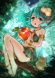 Rule 34 | 1girl, absurdres, anklet, apple, aqua eyes, aqua hair, bird, bracelet, branch, breasts, bug, butterfly, commentary request, crescent moon, fairy, fairy wings, flower, food, food on face, fruit, full body, hair flower, hair ornament, highres, holding, holding food, holding fruit, insect, jewelry, miniskirt, moon, o-ring, o-ring top, open mouth, original, pointy ears, ponytail, signature, sitting, skirt, small breasts, solo, tree, unpopin, wings