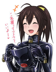 Rule 34 | 10s, 1girl, :d, belt, bodysuit, brown eyes, brown hair, collar, commentary, corset, dress, frame arms girl, gennai ao, latex, latex dress, lock, mask, open mouth, padlock, padlocked collar, ponytail, ribbon, ribimura, shiny clothes, smile, translated, white background, wrist cuffs