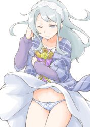 Rule 34 | 1girl, akara kai, blue panties, blush, clothes lift, flower, grey hair, hairband, highres, kantai collection, long hair, looking at viewer, official alternate costume, one eye closed, panties, purple eyes, purple shirt, sagiri (kancolle), shawl, shirt, simple background, skirt, skirt lift, solo, striped clothes, striped panties, underwear, white background, wind
