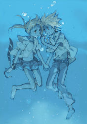 Rule 34 | 00s, asphyxiation, barefoot, drowning, feet, highres, kiikanna, maka albarn, midriff, navel, scan, sketch, soul eater, soul evans, underwater, water, wet, wet clothes