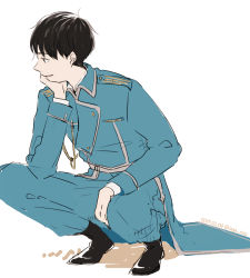 Rule 34 | 1boy, 2019, aiguillette, amestris military uniform, ankle boots, arm support, black eyes, black footwear, black hair, blue jacket, blue pants, boots, collared jacket, dated, elbow rest, facing away, full body, fullmetal alchemist, head rest, jacket, jaga rico, jitome, kneeling, light, looking afar, male focus, military, military uniform, pants, parted lips, profile, roy mustang, simple background, solo, twitter username, uniform, white background