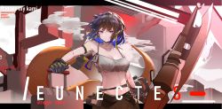 Rule 34 | 1girl, absurdres, arknights, arm strap, bandeau, bare arms, bare shoulders, black gloves, black hair, black pants, breasts, camisole, character name, cleavage, collarbone, commentary request, crop top, eunectes (arknights), eunectes (forgemaster) (arknights), gloves, highres, looking at viewer, medium breasts, midriff, official alternate costume, pants, pointy ears, purple eyes, shenhaijiaolonglaohuadeng, short hair, snake tail, solo, spaghetti strap, stomach, tail, upper body