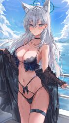 Rule 34 | 1girl, 2gong (9ujin ), absurdres, animal ear fluff, animal ears, bikini, black choker, black robe, blue archive, blue eyes, blue sky, breasts, choker, cleavage, cloud, collarbone, cowboy shot, cross hair ornament, day, grey hair, hair ornament, halo, hand on railing, highres, large breasts, long hair, looking at viewer, mismatched pupils, navel, ocean, off shoulder, outdoors, parted lips, railing, robe, shiroko (blue archive), shiroko terror (blue archive), sky, solo, stomach, swimsuit, thigh strap, thighs, very long hair, water, wet, wolf ears