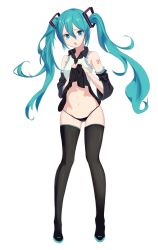 Rule 34 | 1girl, absurdres, aqua eyes, aqua hair, bad id, bad pixiv id, black panties, boots, clothes lift, full body, hatsune miku, highres, legs, long hair, lowleg, lowleg panties, navel, open mouth, panties, rumisher, simple background, skirt, skirt lift, solo, standing, thigh boots, thighhighs, twintails, underwear, upskirt, vocaloid, white background