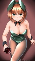 Rule 34 | 1girl, absurdres, animal ears, artist name, bare shoulders, blush, brave witches, breasts, brown hair, cleavage, closed mouth, collarbone, cup, drinking glass, fake animal ears, glass, green eyes, green leotard, grey pantyhose, gundula rall, highres, hiroshi (hunter-of-kct), large breasts, leotard, looking at viewer, looking up, pantyhose, playboy bunny, rabbit ears, short hair, sitting, smile, solo, wine glass, world witches series