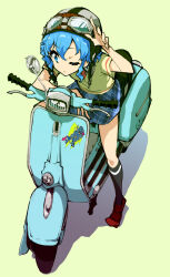 Rule 34 | 1girl, adjusting eyewear, arm up, aviator cap, black socks, blue eyes, blue hair, blue skirt, dorothy west, enouchi ai, from above, full body, goggles, goggles on headwear, group name, highres, kneehighs, looking to the side, motor vehicle, on scooter, one eye closed, paprika private academy school uniform, pretty series, pripara, school uniform, scooter, shoes, short hair, sitting, skirt, socks, solo, sticker, vest, yellow vest