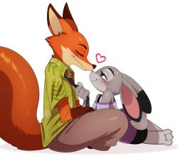 Rule 34 | 1boy, 1girl, animal ears, blush, body fur, rabbit, buttons, closed mouth, disney, eric lowery, eyebrows, closed eyes, fox, furry, highres, judy hopps, necktie, nick wilde, pants, purple eyes, shirt, shorts, simple background, smile, tail, white background, zootopia