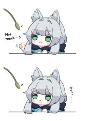 Rule 34 | 1girl, 2koma, :3, animal ear fluff, animal ears, animal hands, arknights, black jacket, cat ears, cat paws, cat teaser, chibi, colored eyelashes, comic, green eyes, grey hair, hair intakes, hand up, highres, jacket, jacket on shoulders, long hair, out of frame, rosmontis (arknights), someyaya, upper body, white background