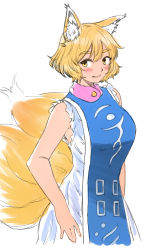 Rule 34 | 1girl, absurdres, adapted costume, animal ear fluff, animal ears, bare arms, bare shoulders, blonde hair, blush, breasts, dress, fox ears, fox tail, highres, large breasts, light smile, looking to the side, multiple tails, no headwear, sen (daydream 53), short hair, simple background, sleeveless, solo, tabard, tail, touhou, white background, white dress, yakumo ran, yellow eyes