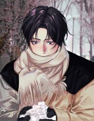 Rule 34 | 1boy, black gloves, black hair, blush, brown coat, brown scarf, character request, cm aday, coat, commentary request, covered mouth, debwi mos hamyeon jugneun byeong geollim, gloves, holding, holding snowball, korean commentary, long sleeves, looking down, male focus, mole, mole on cheek, photo background, purple eyes, scarf, short hair, snowball, solo, upper body, winter, winter clothes