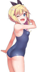 Rule 34 | 1girl, ass, bare arms, bare legs, bare shoulders, blonde hair, blue eyes, blue one-piece swimsuit, blush, breasts, competition school swimsuit, cowboy shot, fang, from side, hair ornament, highres, konnyaku (kk-monmon), looking at viewer, medium breasts, nukui hayu, ochikobore fruit tart, one-piece swimsuit, one eye closed, open mouth, school swimsuit, simple background, skindentation, smile, solo, swimsuit, white background, x hair ornament