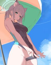 Rule 34 | 1girl, animal ear fluff, animal ears, aqua eyes, blue archive, blue sky, blush, breasts, cameltoe, cleft of venus, cloud, competition swimsuit, earrings, frontal wedgie, grey hair, halo, highres, jewelry, looking at viewer, medium breasts, one-piece swimsuit, outdoors, parasol, pcaccount13, ponytail, shiroko (blue archive), shiroko (swimsuit) (blue archive), sky, solo, stud earrings, sweatdrop, swimsuit, swimsuit tug, umbrella, wedgie, wolf ears