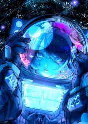 Rule 34 | 1girl, ado (utaite), astronaut, blue eyes, blue theme, chando (ado), character name, cloud nine inc, commentary request, highres, kiza minegi, looking at viewer, mole, mole under eye, parted lips, sky, solo, star (sky), starry sky, upper body, utaite