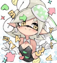Rule 34 | + +, 1girl, bad id, bad twitter id, black dress, blush, breasts, cleavage, commentary, cropped torso, detached collar, dress, earrings, emblem, food, food on head, gloves, gradient hair, green hair, grey hair, head tilt, highres, inkling, jewelry, letter, looking at viewer, marie (splatoon), mask, medium breasts, medium hair, mole, mole under eye, multicolored hair, nintendo, object on head, pointy ears, smile, solo, squid, strapless, strapless dress, sukeo (nunswa08), swept bangs, tentacle hair, upper body, white gloves, wing collar