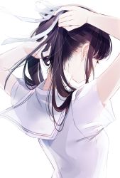 Rule 34 | 1girl, adjusting hair, arms up, black hair, bloom, eyelashes, from behind, hair ribbon, hidden face, highres, light, long hair, misumi (macaroni), mole, mole on neck, nape, neck, original, ponytail, ribbon, sailor collar, school uniform, see-through, see-through silhouette, shirt, short sleeves, sidelocks, simple background, solo, standing, tying hair, upper body, white background, white ribbon, white shirt