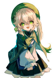 Rule 34 | 1girl, :d, alternate costume, book, capelet, child, cross-shaped pupils, genshin impact, green capelet, green eyes, green headwear, hair ornament, hat, holding, holding book, jewelry, leaf hair ornament, multicolored hair, nahida (genshin impact), necklace, new gnsn, open mouth, side ponytail, smile, solo, streaked hair, symbol-shaped pupils, white background