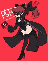 Rule 34 | 1girl, black bow, black coat, black footwear, black jacket, black leotard, black thighhighs, bow, calling card, closed mouth, coat, copyright name, do m kaeru, full body, gloves, hair bow, high heels, holding, jacket, leg up, leotard, long hair, long sleeves, looking at viewer, mask, matching hair/eyes, outstretched arms, persona, persona 5, persona 5 the royal, ponytail, red background, red eyes, red gloves, red hair, simple background, smile, solo, spread arms, standing, standing on one leg, sword, thighhighs, twitter username, weapon, yoshizawa kasumi