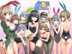 Rule 34 | 6+girls, animal ears, arare (kancolle), arms up, asagumo (kancolle), asashio (kancolle), ass, back, backless outfit, bare shoulders, black hair, bow, bowtie, braid, breasts, brown hair, cloud hair ornament, detached collar, double bun, fake animal ears, food, frills, green eyes, green hairband, grey eyes, hair ornament, hairband, highleg, highleg leotard, highres, holding, kantai collection, kasumi (kancolle), kuronaga, large breasts, leotard, light brown hair, long hair, low twin braids, michishio (kancolle), minegumo (kancolle), multiple girls, ooshio (kancolle), pantyhose, playboy bunny, purple eyes, purple hair, rabbit ears, rabbit tail, side-tie leotard, side ponytail, sidelocks, silver hair, small breasts, standing, strapless, strapless leotard, sweatdrop, tail, thighhighs, twin braids, twintails, wrist cuffs, yamagumo (kancolle)