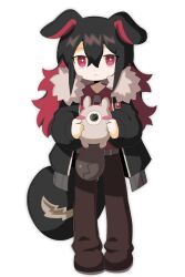 Rule 34 | 1boy, animal ears, black hair, blush stickers, coat, cyclops, full body, fur-trimmed coat, fur trim, hair between eyes, highres, holding, holding stuffed toy, humanization, kokum0tsu, looking to the side, male focus, monster boy, one-eyed, original, red eyes, red hair, solo, solo focus, spinel (kokum0tsu), stuffed toy, tail, trap, white background