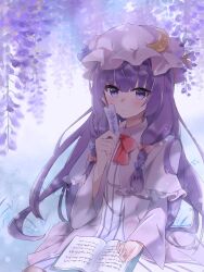 Rule 34 | 1girl, absurdres, blue bow, blush, book, bookmark, bow, bowtie, closed mouth, commentary, crescent, crescent hat ornament, dress, flower, hair bow, hat, hat ornament, hidukihumi, highres, holding bookmark, long hair, long sleeves, looking at viewer, mob cap, open book, outdoors, patchouli knowledge, purple eyes, purple flower, purple hair, red bow, red bowtie, sitting, solo, striped clothes, striped dress, touhou, vertical-striped clothes, vertical-striped dress