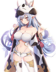Rule 34 | 1girl, :q, absurdres, animal ears, animal print, bare shoulders, blue hair, breasts, catura (granblue fantasy), cleavage, closed mouth, collarbone, covered erect nipples, cow ears, cow hood, cow print, cowboy shot, crop top, detached collar, detached sleeves, gluteal fold, granblue fantasy, hands up, highleg, highleg panties, highres, large breasts, long hair, long sleeves, looking at viewer, micro shorts, midriff, navel, open fly, orange eyes, panties, ponta (velmar), short shorts, shorts, simple background, smile, solo, standing, stomach, strapless, string panties, thighhighs, thighs, tongue, tongue out, underwear, very long hair, white background, white shorts, white thighhighs, wide sleeves