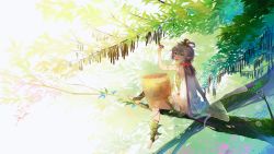Rule 34 | 1girl, absurdres, arm up, blush, dress, flower, full body, green eyes, grey hair, hair flower, hair ornament, hair rings, highres, in tree, insect wings, long hair, long image, luo tianyi, open mouth, plant, pointy ears, sitting, sitting in tree, smile, stuko, tree, very long hair, vocaloid, vsinger, wide image, wings