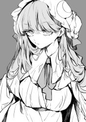 Rule 34 | 1girl, blunt bangs, capelet, closed mouth, collared dress, commentary request, crescent, crescent hair ornament, crescent pin, dress, earrings, expressionless, eyes visible through hair, greyscale, hair ornament, hat, hat ribbon, hexagram, highres, jewelry, long hair, looking at viewer, mob cap, monochrome, neck ribbon, patchouli knowledge, ribbon, risui (suzu rks), sidelocks, simple background, solo, star (symbol), star earrings, star of david, touhou