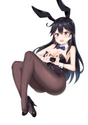 Rule 34 | 1girl, :d, absurdres, ahoge, animal ears, bare shoulders, black hair, blush, bow, bowtie, breasts, brown eyes, cleavage, coffeedog, commentary, detached collar, fake animal ears, full body, hair between eyes, heart, heart hands, high heels, highres, kantai collection, large breasts, leotard, long hair, open mouth, pantyhose, playboy bunny, rabbit ears, simple background, smile, solo, ushio (kancolle), white background, wrist cuffs