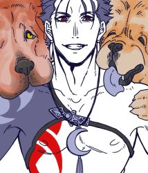 Rule 34 | 1boy, 2others, animal, blue hair, bobtomgom, bodypaint, chest strap, chow chow, collarbone, crescent, crescent necklace, cu chulainn (fate), cu chulainn (fate/stay night), dog, earrings, fang, fate/grand order, fate (series), grin, highres, jewelry, looking at viewer, male focus, multiple others, necklace, nipples, red eyes, short hair, slit pupils, smile, spiked hair, st bernard, tongue, tongue out, type-moon