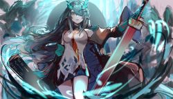 Rule 34 | 1girl, absurdres, arknights, bare shoulders, black hair, chinese commentary, collared dress, commentary request, cowboy shot, dress, dusk (arknights), hair over one eye, highres, holding, holding sword, holding weapon, horns, long hair, looking at viewer, miniskirt, multicolored hair, off shoulder, originium arts (arknights), pointy ears, red eyes, skirt, sleeveless, sleeveless dress, solo, streaked hair, sword, weapon, white dress, yange (yange10086)