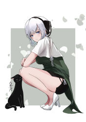 Rule 34 | 1girl, absurdres, artist name, bare legs, black cat, black skirt, blush, capelet, cat, dress, from side, green dress, grey hair, high heels, highres, konpaku youmu, looking at viewer, looking to the side, short hair, signature, skirt, solo, squatting, touhou, white capelet, white footwear, yagoro kusuriya