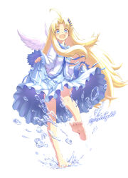 Rule 34 | 1girl, :d, ahoge, awaiyuhi, barefoot, blonde hair, blue bow, blue dress, blue eyes, blush, bow, bowtie, clothes lift, commentary request, dress, feathered wings, filo (tate no yuusha no nariagari), full body, hair ornament, highres, long hair, long sleeves, looking at viewer, open mouth, simple background, skirt, skirt lift, smile, solo, splashing, standing, standing on one leg, tate no yuusha no nariagari, water, white background, white dress, white wings, wing hair ornament, wings