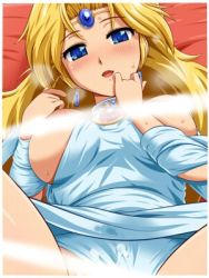 Rule 34 | 1girl, blonde hair, blue eyes, blush, breast slip, breasts, capcom, cum, dress, jewelry, konpeto, large breasts, long hair, lost worlds (game), lowres, lying, solo, sweat, sylphie